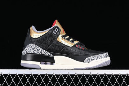 AIR Jordan 3 Retro - Fire Red - Metallic Gold - Cement Grey Sneakers - Black Unisex Streetwear Limited Edition - **Air Jordan 3 Retro Black/Fire Red/Metallic Gold/Cement Grey** Experience a bold blend