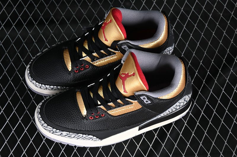AIR Jordan 3 Retro - Fire Red - Metallic Gold - Cement Grey Sneakers - Black Unisex Streetwear Limited Edition - **Air Jordan 3 Retro Black/Fire Red/Metallic Gold/Cement Grey** Experience a bold blend