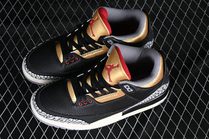 AIR Jordan 3 Retro - Fire Red - Metallic Gold - Cement Grey Sneakers - Black Unisex Streetwear Limited Edition - **Air Jordan 3 Retro Black/Fire Red/Metallic Gold/Cement Grey** Experience a bold blend