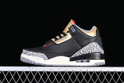 AIR Jordan 3 Retro - Fire Red - Metallic Gold - Cement Grey Sneakers - Black Unisex Streetwear Limited Edition - **Air Jordan 3 Retro Black/Fire Red/Metallic Gold/Cement Grey** Experience a bold blend