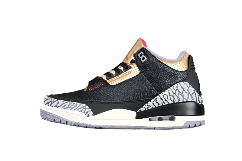 AIR Jordan 3 Retro - Fire Red - Metallic Gold - Cement Grey Sneakers - Black Unisex Streetwear Limited Edition - **Air Jordan 3 Retro Black/Fire Red/Metallic Gold/Cement Grey** Experience a bold blend