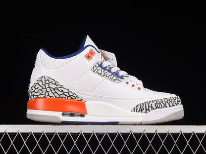 AIR Jordan 3 Retro Knicks - Old Royal-university Orange-tech Grey Sneakers - White Unisex Streetwear Limited Edition - **Air Jordan 3 Retro Knicks White/Old Royal-University Orange-Tech Grey** Celebra