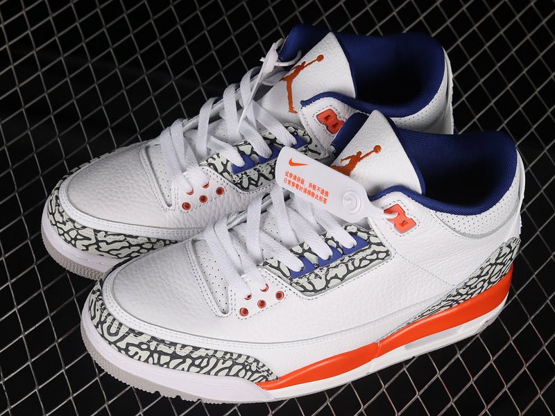 AIR Jordan 3 Retro Knicks - Old Royal-university Orange-tech Grey Sneakers - White Unisex Streetwear Limited Edition - **Air Jordan 3 Retro Knicks White/Old Royal-University Orange-Tech Grey** Celebra