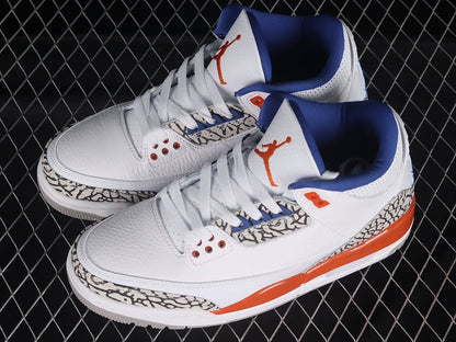AIR Jordan 3 Retro Knicks - Old Royal-university Orange-tech Grey Sneakers - White Unisex Streetwear Limited Edition - **Air Jordan 3 Retro Knicks White/Old Royal-University Orange-Tech Grey** Celebra