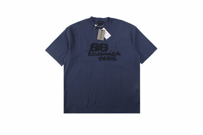 Balenciaga T-shirt With Paris Print - Blue Unisex Streetwear Limited Edition - <span>Navy blue t-shirt featuring a graphic print with 'Balenciaga Paris' text and artistic elements. Unique