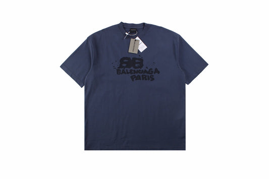 Balenciaga T-shirt With Paris Print - Blue Unisex Streetwear Limited Edition - <span>Navy blue t-shirt featuring a graphic print with 'Balenciaga Paris' text and artistic elements. Unique
