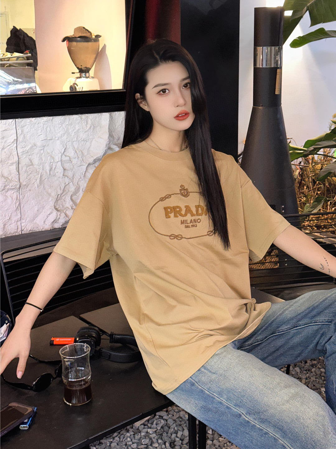 Prada Milano Beige Logo T-Shirt - box - replica sneakers