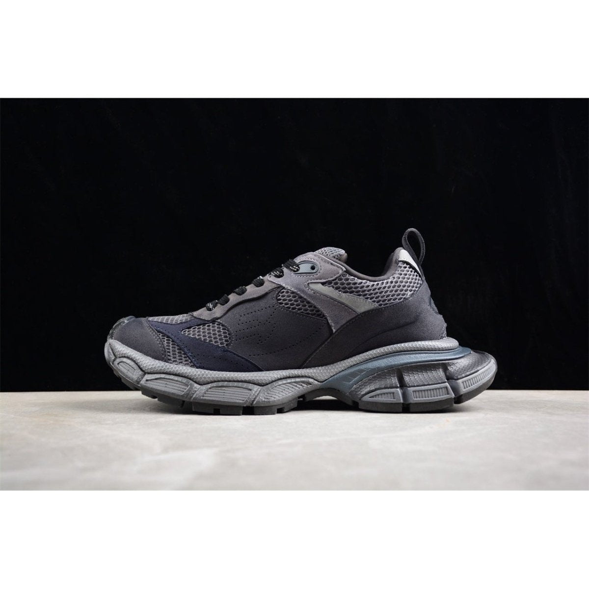 BALENCIAGA 3 - L - Dark Sneakers - Grey Unisex Streetwear Limited Edition - The BALENCIAGA 3XL x Dark Grey sneakers epitomize bold luxury with a monochromatic, understated design.
