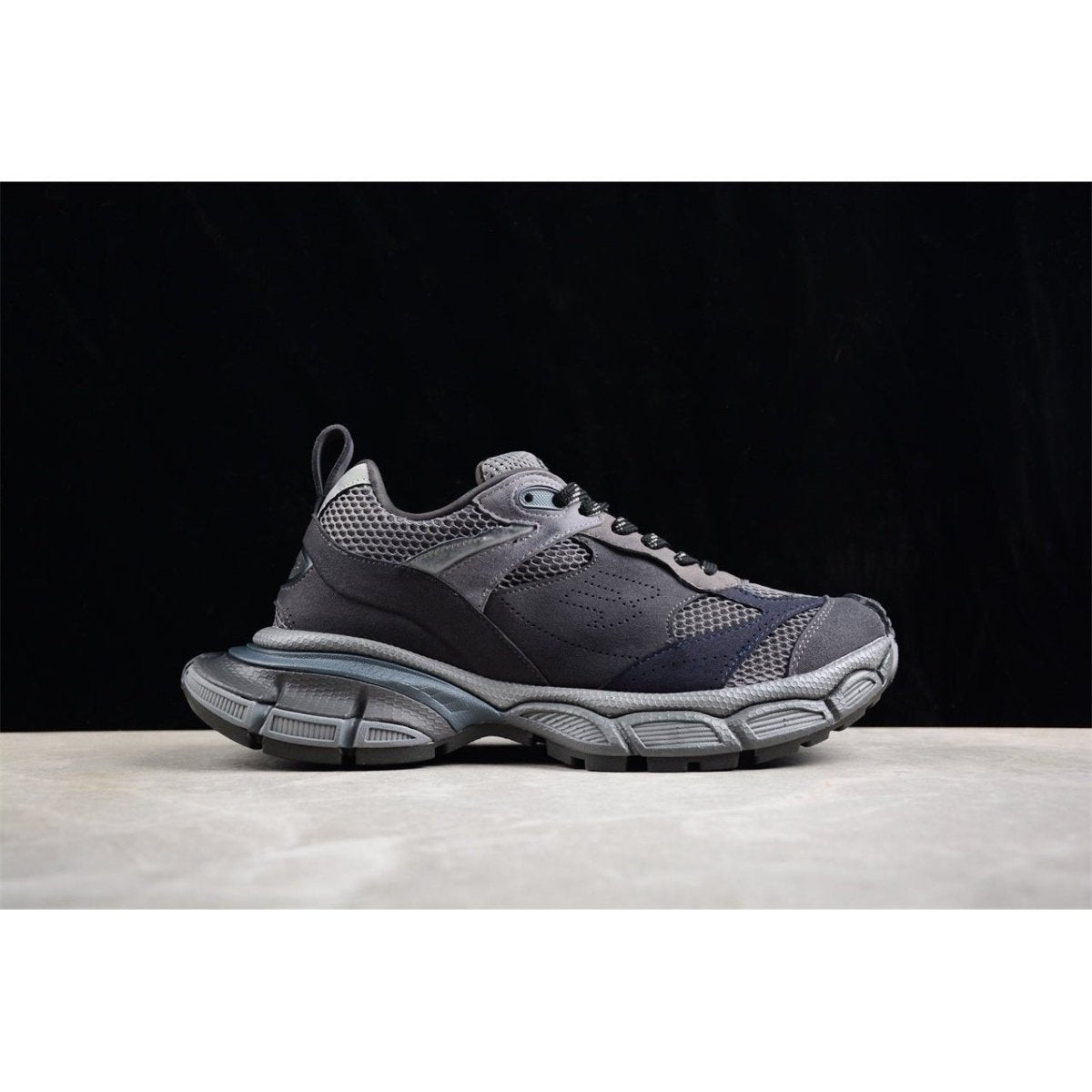 BALENCIAGA 3 - L - Dark Sneakers - Grey Unisex Streetwear Limited Edition - The BALENCIAGA 3XL x Dark Grey sneakers epitomize bold luxury with a monochromatic, understated design.