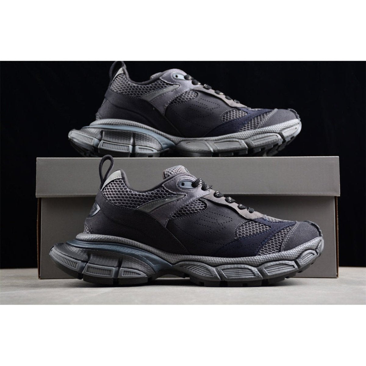 BALENCIAGA 3 - L - Dark Sneakers - Grey Unisex Streetwear Limited Edition - The BALENCIAGA 3XL x Dark Grey sneakers epitomize bold luxury with a monochromatic, understated design.