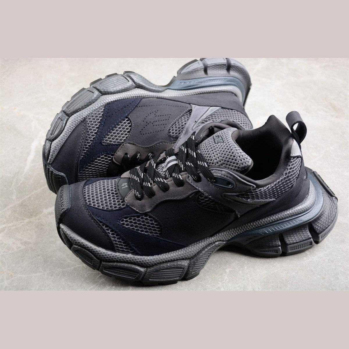 BALENCIAGA 3 - L - Dark Sneakers - Grey Unisex Streetwear Limited Edition - The BALENCIAGA 3XL x Dark Grey sneakers epitomize bold luxury with a monochromatic, understated design.