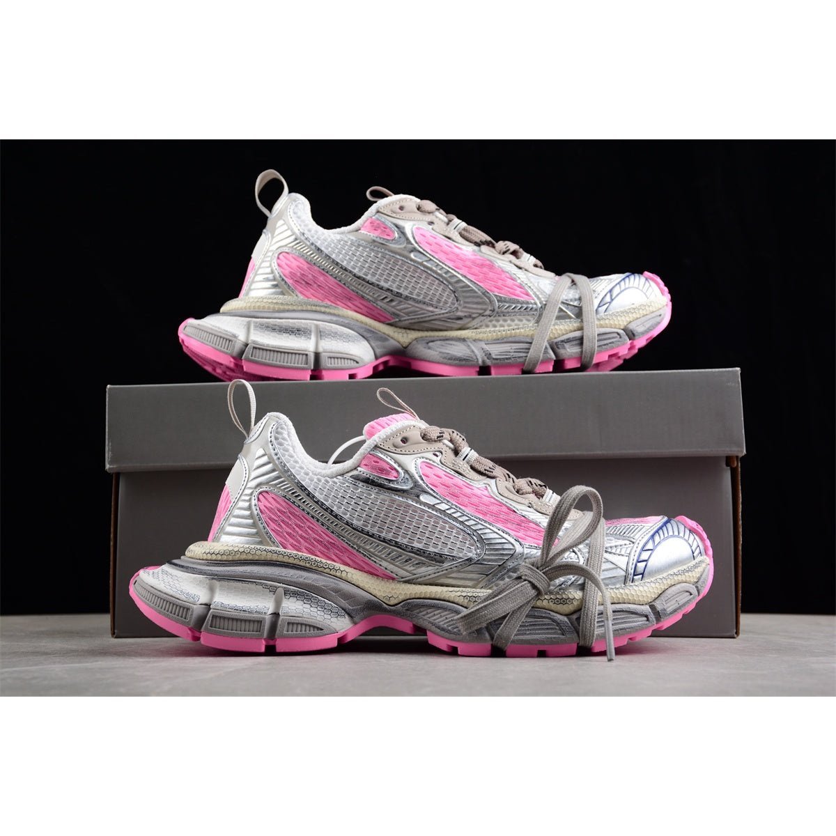 BALENCIAGA 3 - L - Silver Sneakers - Pink Unisex Streetwear Limited Edition - The BALENCIAGA 3XL x Silver Pink sneakers blend futuristic design with a touch of femininity,