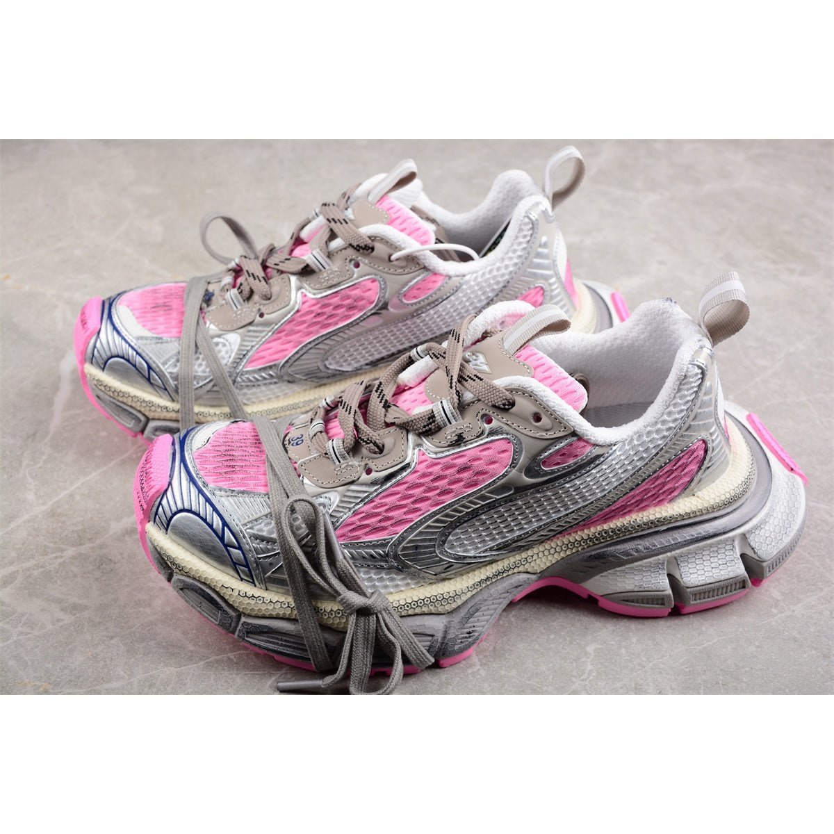 BALENCIAGA 3 - L - Silver Sneakers - Pink Unisex Streetwear Limited Edition - The BALENCIAGA 3XL x Silver Pink sneakers blend futuristic design with a touch of femininity,