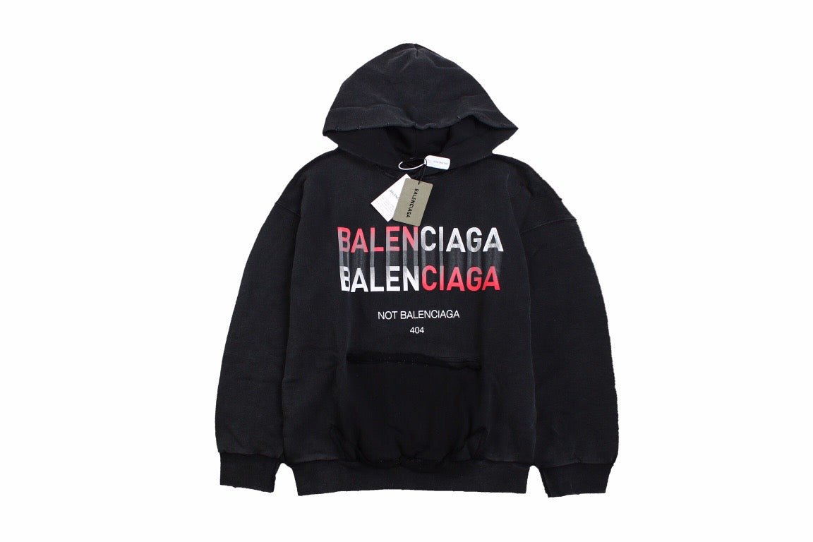 Balenciaga 404 Hoodie - Black Unisex Streetwear Limited Edition - This Balenciaga hoodie features a bold graphic design with the text 'BALENCIAGA' in red and