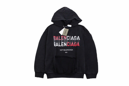 Balenciaga 404 Hoodie - Black Unisex Streetwear Limited Edition - This Balenciaga hoodie features a bold graphic design with the text 'BALENCIAGA' in red and