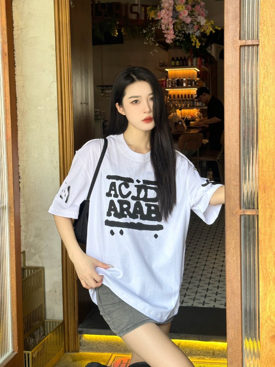 Balenciaga Acid Arab T-shirt - White Unisex Streetwear Limited Edition - This Balenciaga t-shirt features a bold 'Acid Arab' graphic in black on the front, along