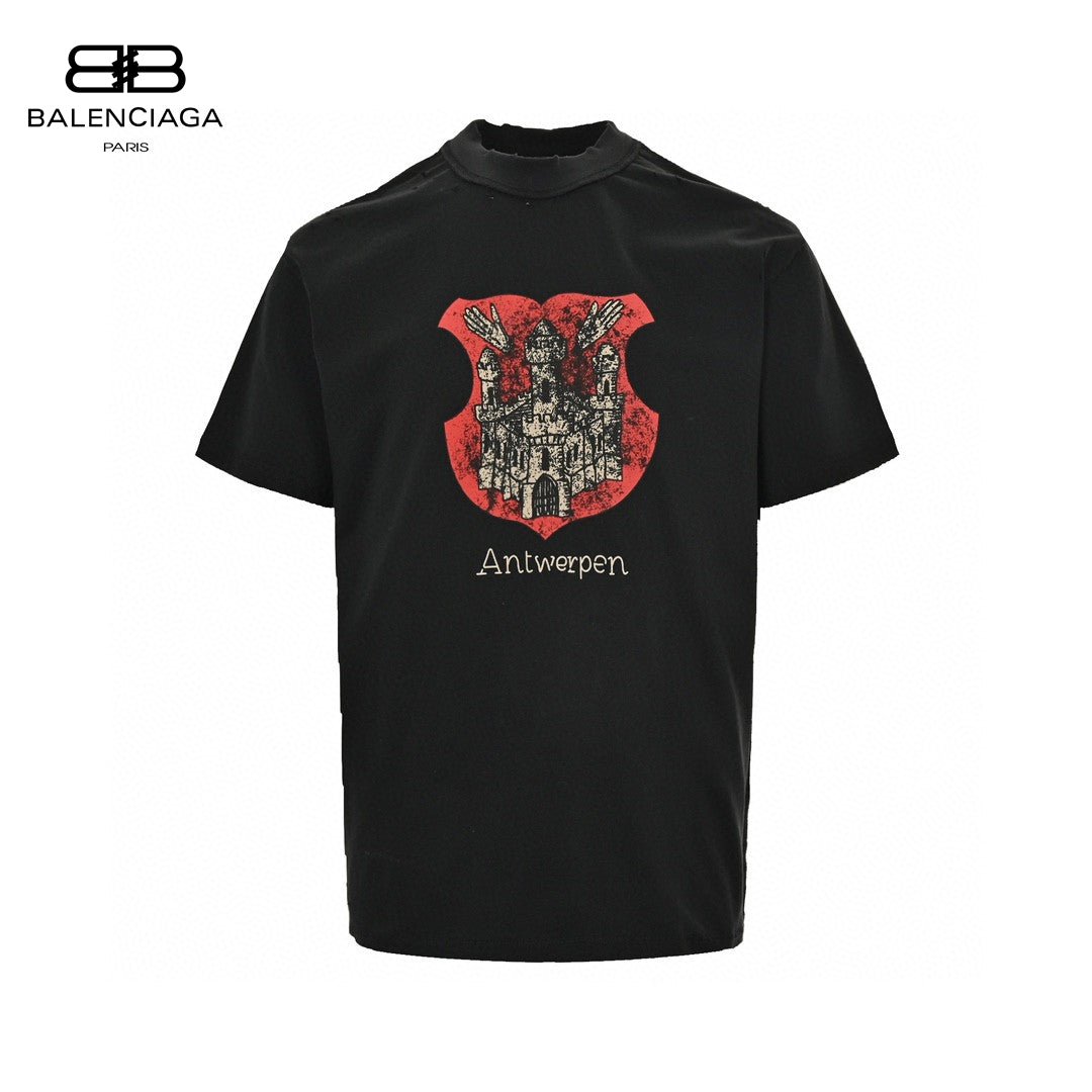 Balenciaga Antwerpen T-shirt - Black Unisex Streetwear Limited Edition - This Balenciaga t-shirt features a distinctive graphic design with an illustration of a castle on