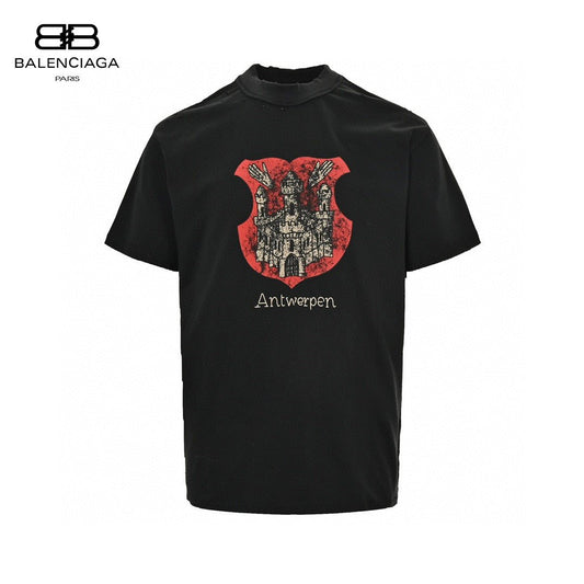 Balenciaga Antwerpen T-shirt - Black Unisex Streetwear Limited Edition - This Balenciaga t-shirt features a distinctive graphic design with an illustration of a castle on