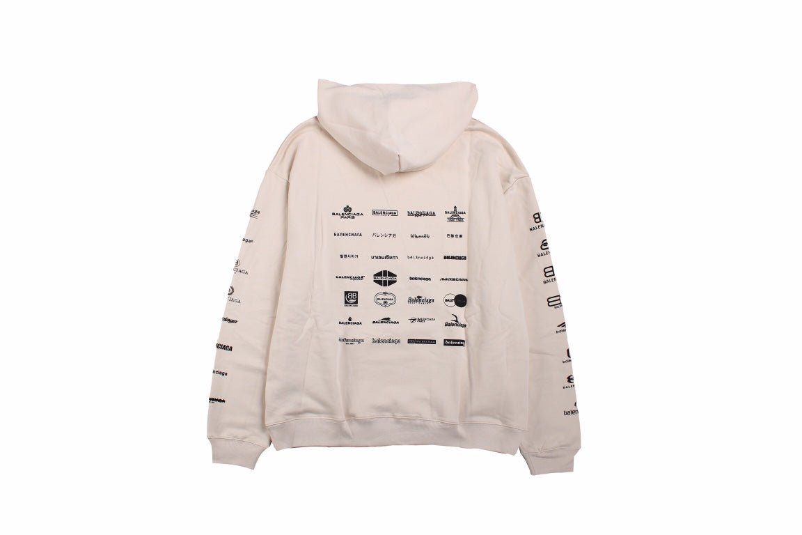 Balenciaga Multilogo Hoodie - Beige Unisex Streetwear Limited Edition - This Balenciaga hoodie showcases an array of the brand's logos in a distinctive pattern on