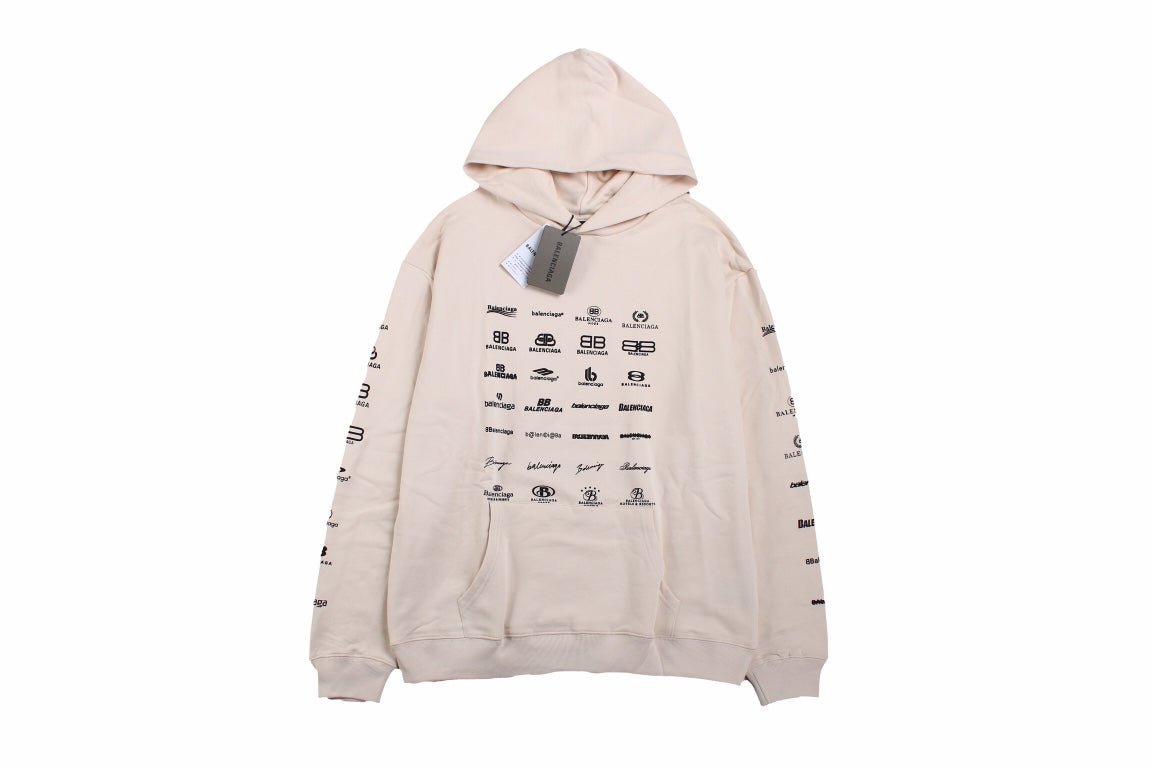 Balenciaga Multilogo Hoodie - Beige Unisex Streetwear Limited Edition - This Balenciaga hoodie showcases an array of the brand's logos in a distinctive pattern on