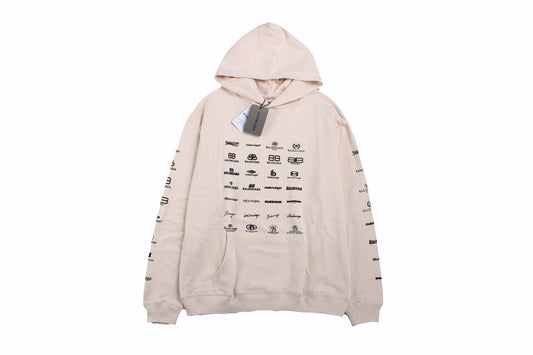 Balenciaga Multilogo Hoodie - Beige Unisex Streetwear Limited Edition - This Balenciaga hoodie showcases an array of the brand's logos in a distinctive pattern on