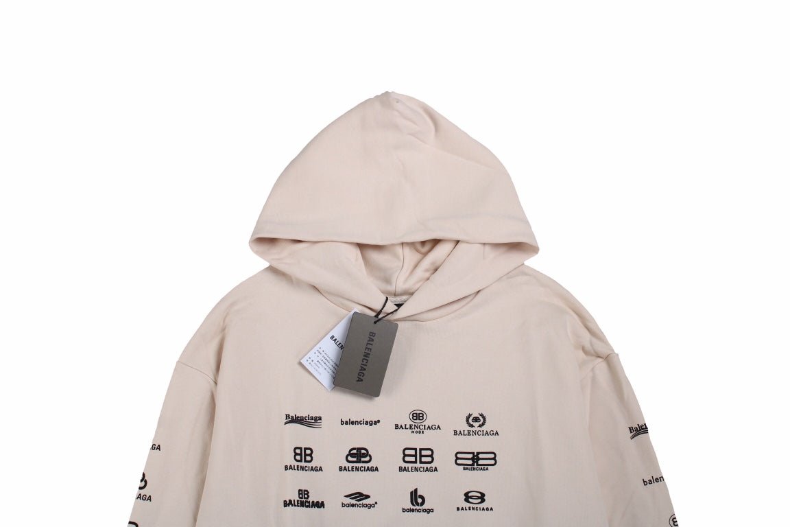 Balenciaga Multilogo Hoodie - Beige Unisex Streetwear Limited Edition - This Balenciaga hoodie showcases an array of the brand's logos in a distinctive pattern on