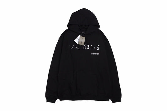 Balenciaga Distorted Logo Hoodie - Black Unisex Streetwear Limited Edition - This Balenciaga hoodie features a unique distorted logo design on the front, blending modern streetwear
