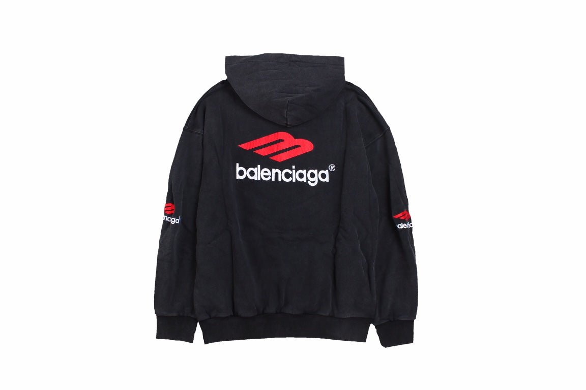 Balenciaga Hoodie - Black Unisex Streetwear Limited Edition - This Balenciaga hoodie features a striking red and white logo on the front. Made from