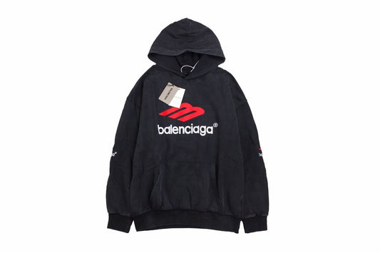 Balenciaga Hoodie - Black Unisex Streetwear Limited Edition - This Balenciaga hoodie features a striking red and white logo on the front. Made from