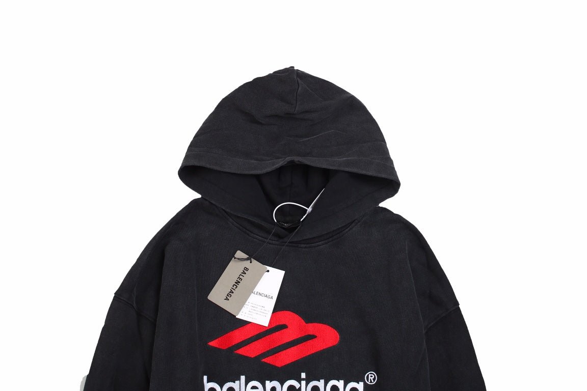Balenciaga Hoodie - Black Unisex Streetwear Limited Edition - This Balenciaga hoodie features a striking red and white logo on the front. Made from