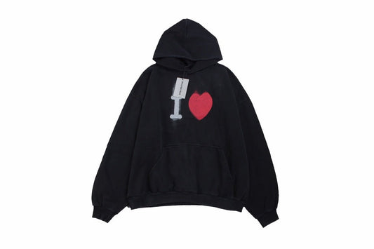 Balenciaga Hoodie With 'i Love' Graphic - Black Unisex Streetwear Limited Edition - This Balenciaga hoodie features a bold 'I Love' graphic in striking grey and red on