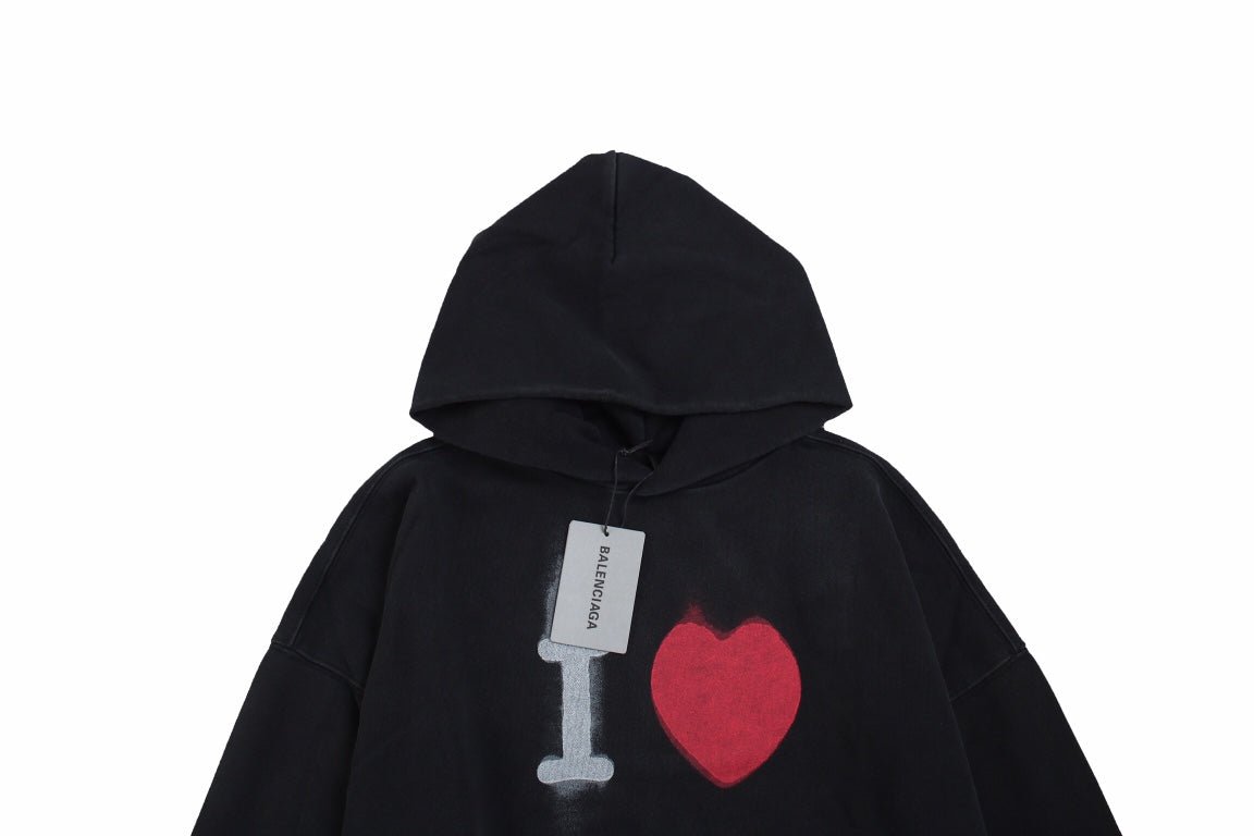 Balenciaga Hoodie With 'i Love' Graphic - Black Unisex Streetwear Limited Edition - This Balenciaga hoodie features a bold 'I Love' graphic in striking grey and red on