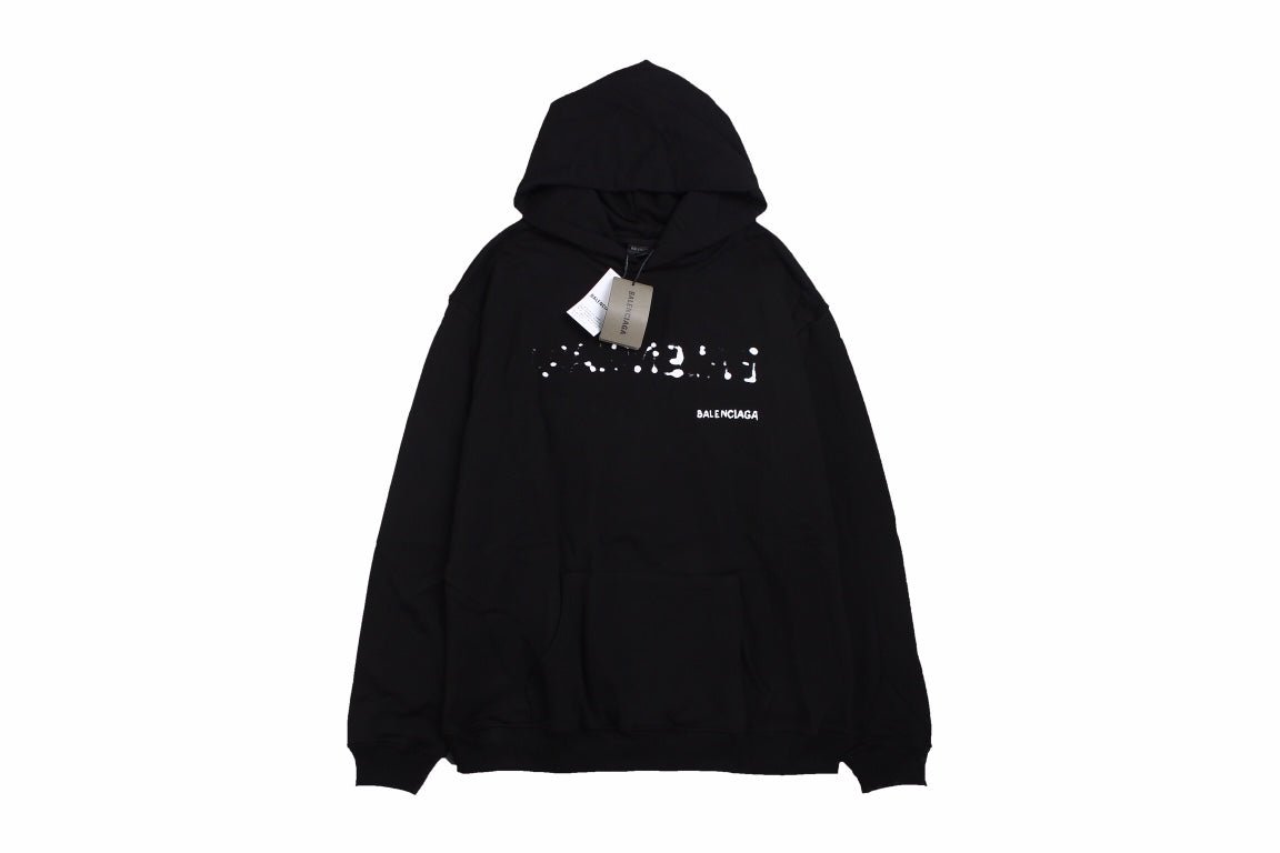 Balenciaga Logo Hoodie - Black Unisex Streetwear Limited Edition - This Balenciaga hoodie boasts a sleek black design with a modern, distressed logo on the