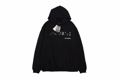 Balenciaga Logo Hoodie - Black Unisex Streetwear Limited Edition - This Balenciaga hoodie boasts a sleek black design with a modern, distressed logo on the