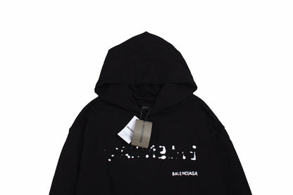 Balenciaga Logo Hoodie - Black Unisex Streetwear Limited Edition - This Balenciaga hoodie boasts a sleek black design with a modern, distressed logo on the