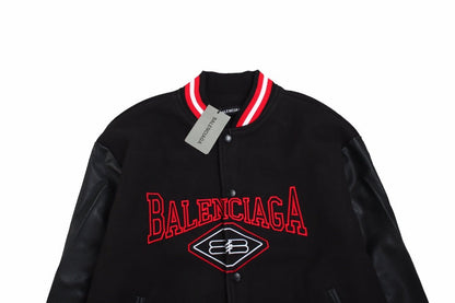 Balenciaga Varsity Jacket - Black Unisex Streetwear Limited Edition - This Balenciaga varsity jacket features a sleek black design with red accents. The jacket is