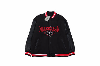Balenciaga Varsity Jacket - Black Unisex Streetwear Limited Edition - This Balenciaga varsity jacket features a sleek black design with red accents. The jacket is