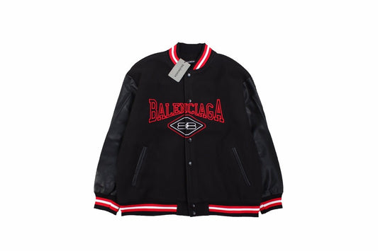 Balenciaga Varsity Jacket - Black Unisex Streetwear Limited Edition - This Balenciaga varsity jacket features a sleek black design with red accents. The jacket is
