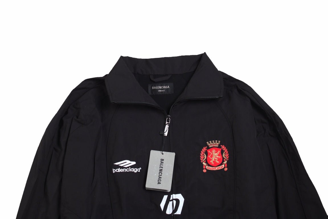 Balenciaga Zip-up Track Jacket - Black Unisex Streetwear Limited Edition - This Balenciaga jacket features a sporty design with a black base. It has a zip-up