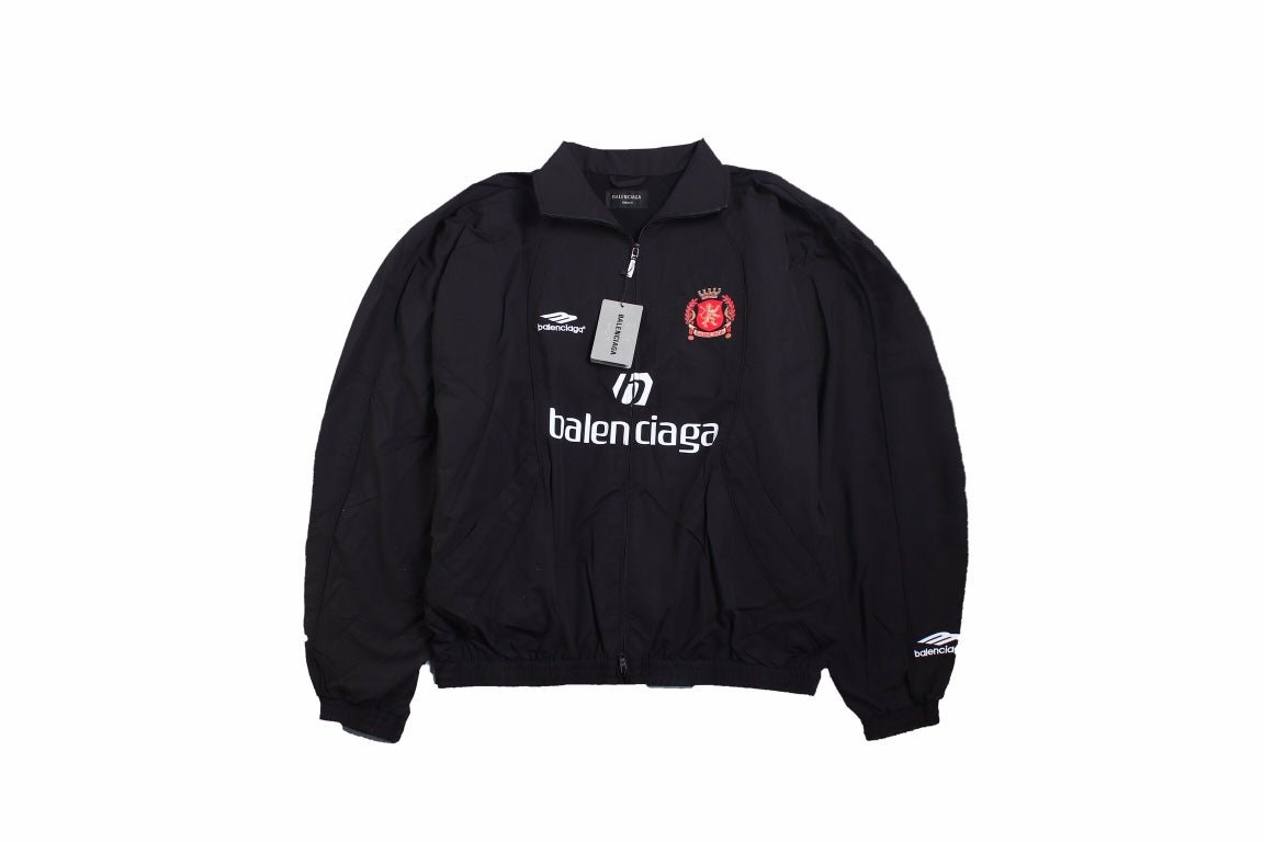 Balenciaga Zip-up Track Jacket - Black Unisex Streetwear Limited Edition - This Balenciaga jacket features a sporty design with a black base. It has a zip-up