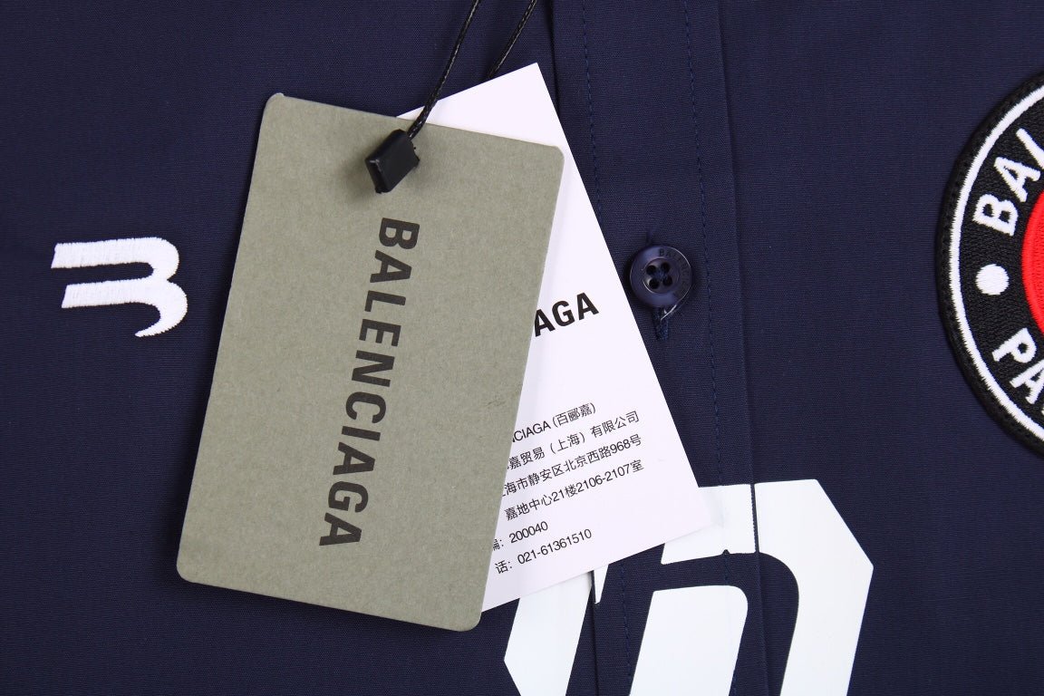 BALENCIAGA Logo Design Button-up Shirt - Navy Unisex Streetwear Limited Edition - The BALENCIAGA LOGO DESIGN BUTTON-UP SHIRT NAVY - REPLICA blends high-fashion tailoring with modern streetwear