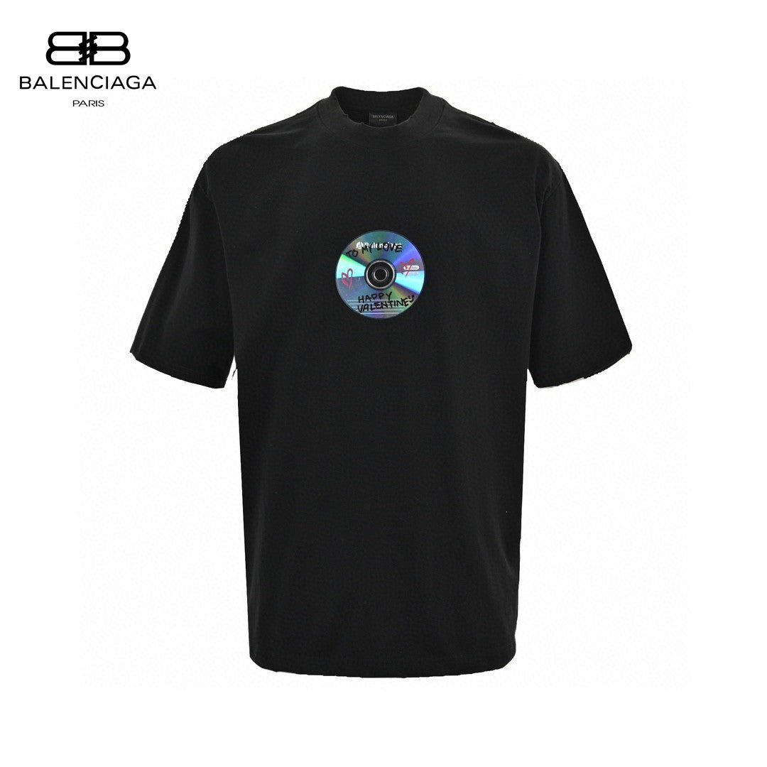 Balenciaga Cd Graphic T-shirt - Black Unisex Streetwear Limited Edition - <span>This Balenciaga t-shirt features a unique CD graphic with 'Happy Valentine' text on the chest.
