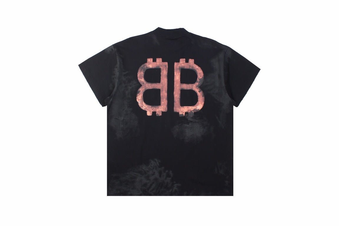 Balenciaga Distressed Bb Logo T-shirt - Black Unisex Streetwear Limited Edition - This striking Balenciaga t-shirt features the iconic BB logo in a metallic rose hue, prominently