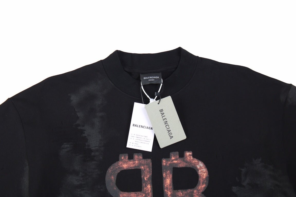 Balenciaga Distressed Bb Logo T-shirt - Black Unisex Streetwear Limited Edition - This striking Balenciaga t-shirt features the iconic BB logo in a metallic rose hue, prominently