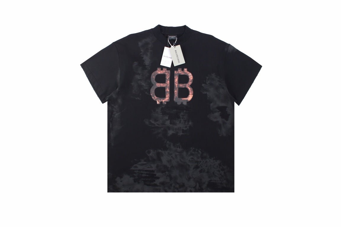 Balenciaga Distressed Bb Logo T-shirt - Black Unisex Streetwear Limited Edition - This striking Balenciaga t-shirt features the iconic BB logo in a metallic rose hue, prominently