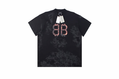 Balenciaga Distressed Bb Logo T-shirt - Black Unisex Streetwear Limited Edition - This striking Balenciaga t-shirt features the iconic BB logo in a metallic rose hue, prominently