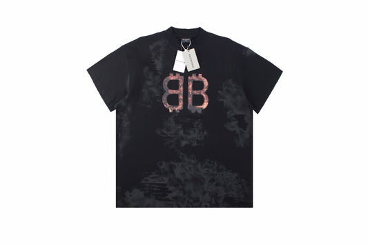 Balenciaga Distressed Bb Logo T-shirt - Black Unisex Streetwear Limited Edition - This striking Balenciaga t-shirt features the iconic BB logo in a metallic rose hue, prominently