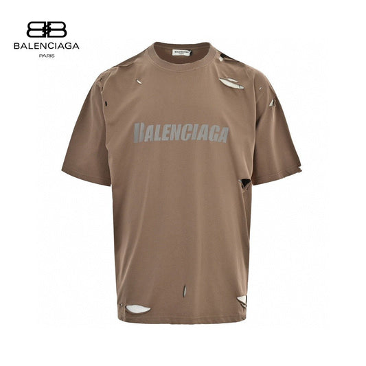 Balenciaga Distressed Logo T-shirt Unisex Streetwear Limited Edition - <span>This Balenciaga t-shirt features a muted taupe design with intentional distressed details, providing a trendy,