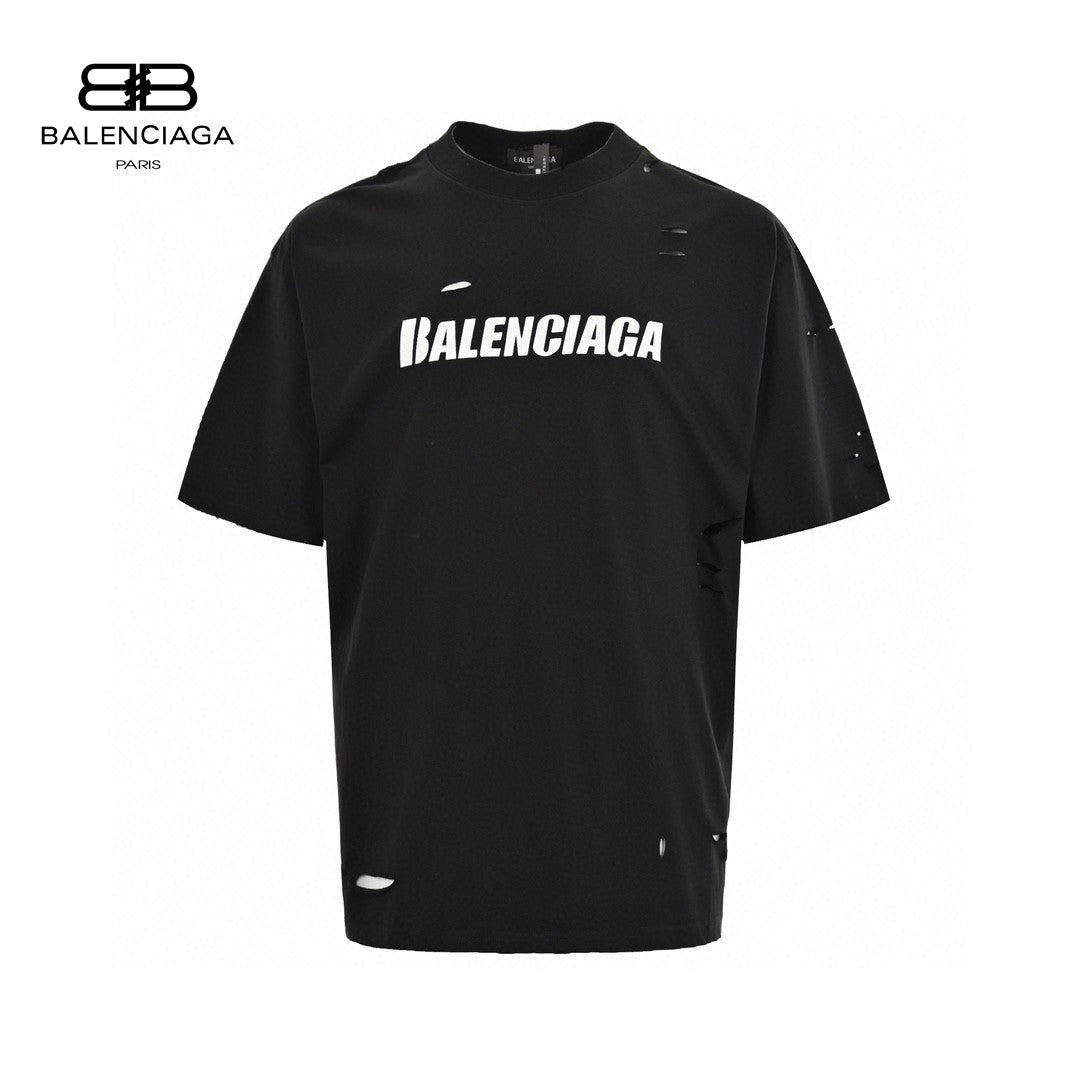 Balenciaga Distressed Logo T-shirt - Black Unisex Streetwear Limited Edition - <span>This Balenciaga t-shirt features a sleek black design with intentional distressed details, giving it a