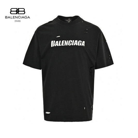 Balenciaga Distressed Logo T-shirt - Black Unisex Streetwear Limited Edition - <span>This Balenciaga t-shirt features a sleek black design with intentional distressed details, giving it a